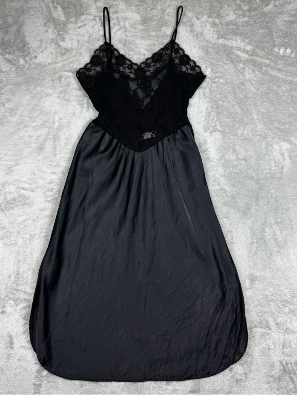 Vintage Lady Lynne Black Lace Bodice Nylon Blend Slip Dress Lingerie sz S